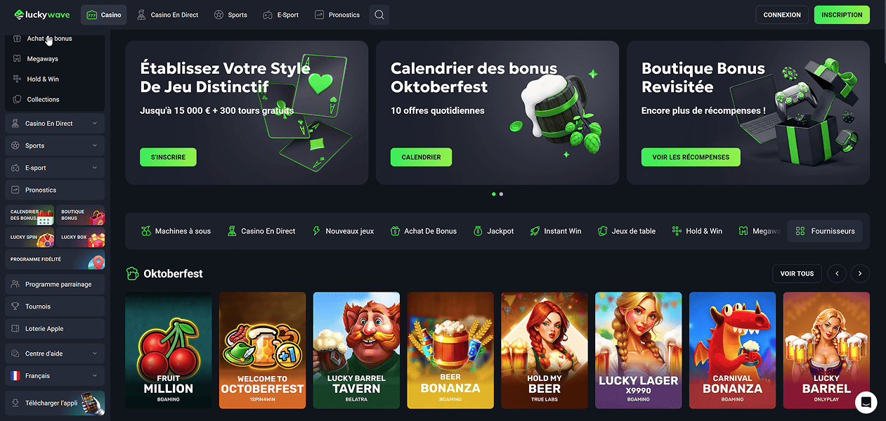 Screenshot of the LuckyWave website